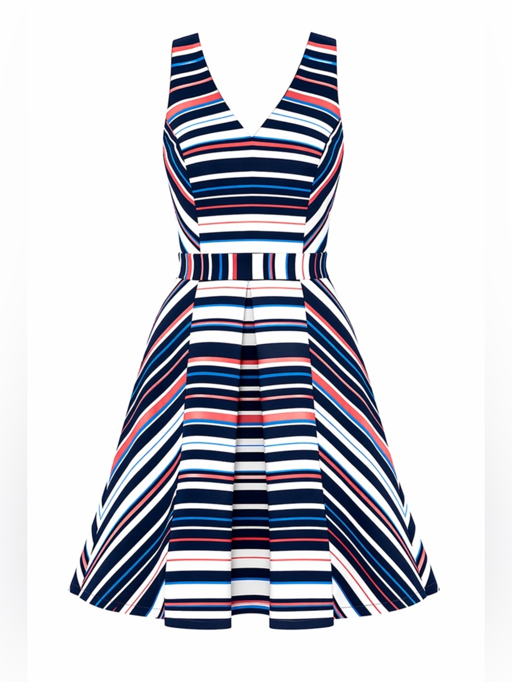 Adelyn Rae Striped V-Neck Fit & Flare Dress in Navy, White & Coral - Picture 2 of 9